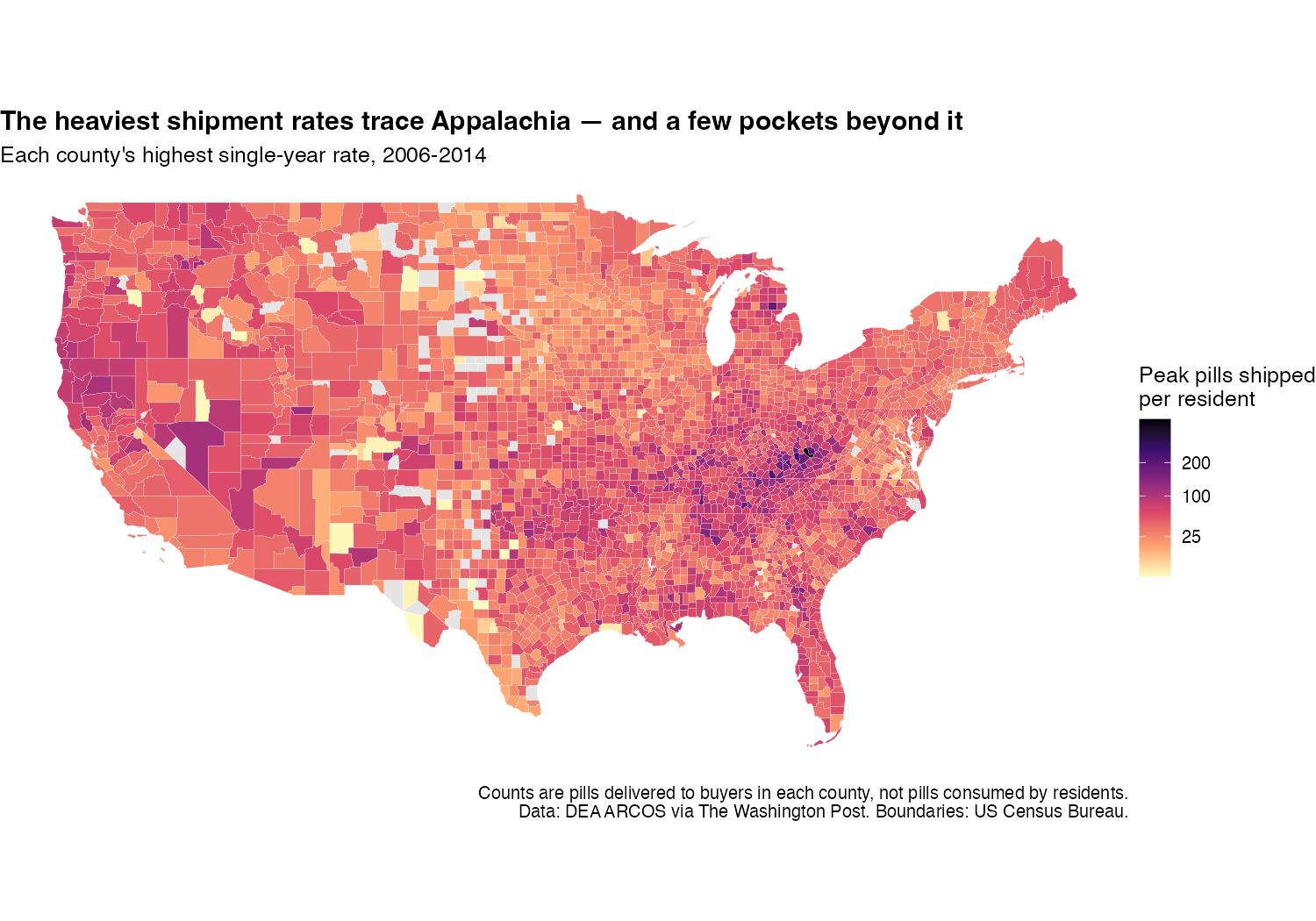 Choropleth map of the continental United States shading each county by its highest single-year rate of pills shipped per resident between 2006 and 2014, on a light-to-dark magma scale. A dark corridor runs through West Virginia, eastern Kentucky, southwestern Virginia and eastern Tennessee, matching the Appalachian region closely, with additional dark pockets scattered in Nevada, Oklahoma and parts of the Mountain West.