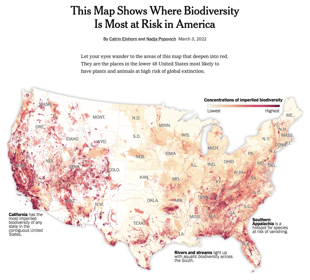 A map of the US that shows where biodiversity is most at risk.