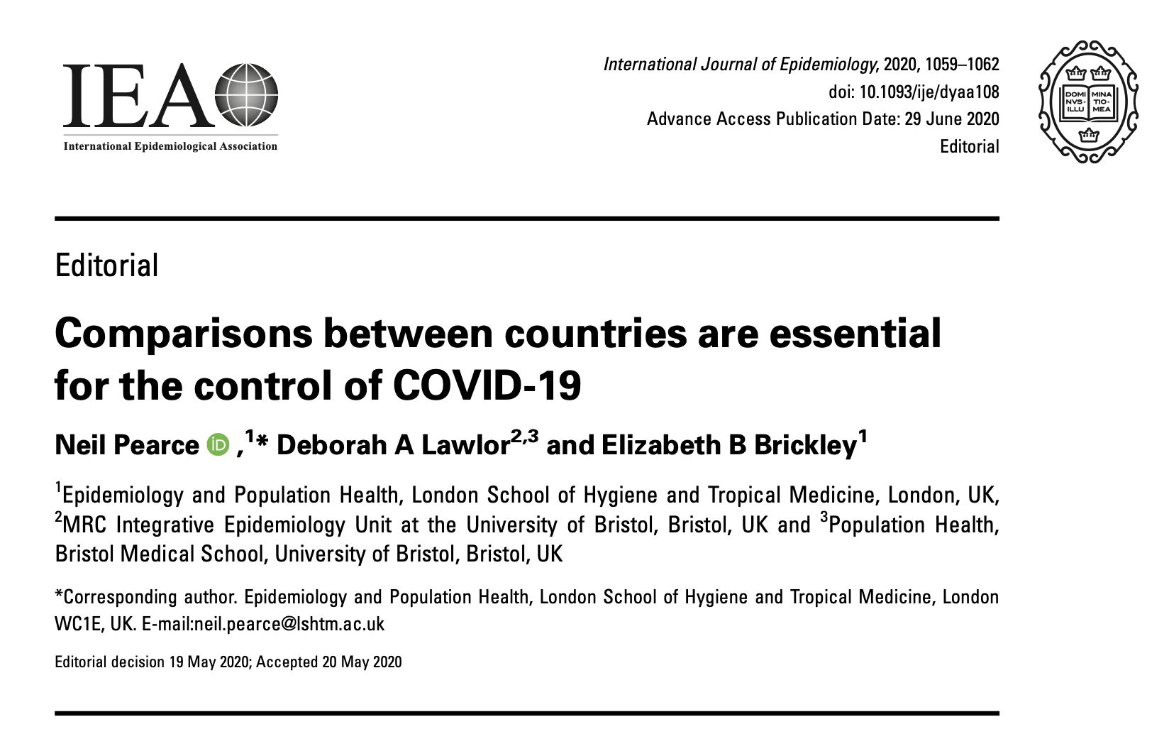 Article header: Comparisons between countries are essential for the control of COVID-19