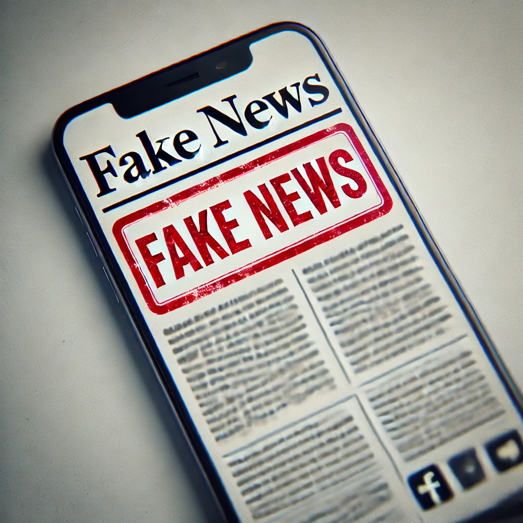 An image of a cell phone with the headline "fake news".