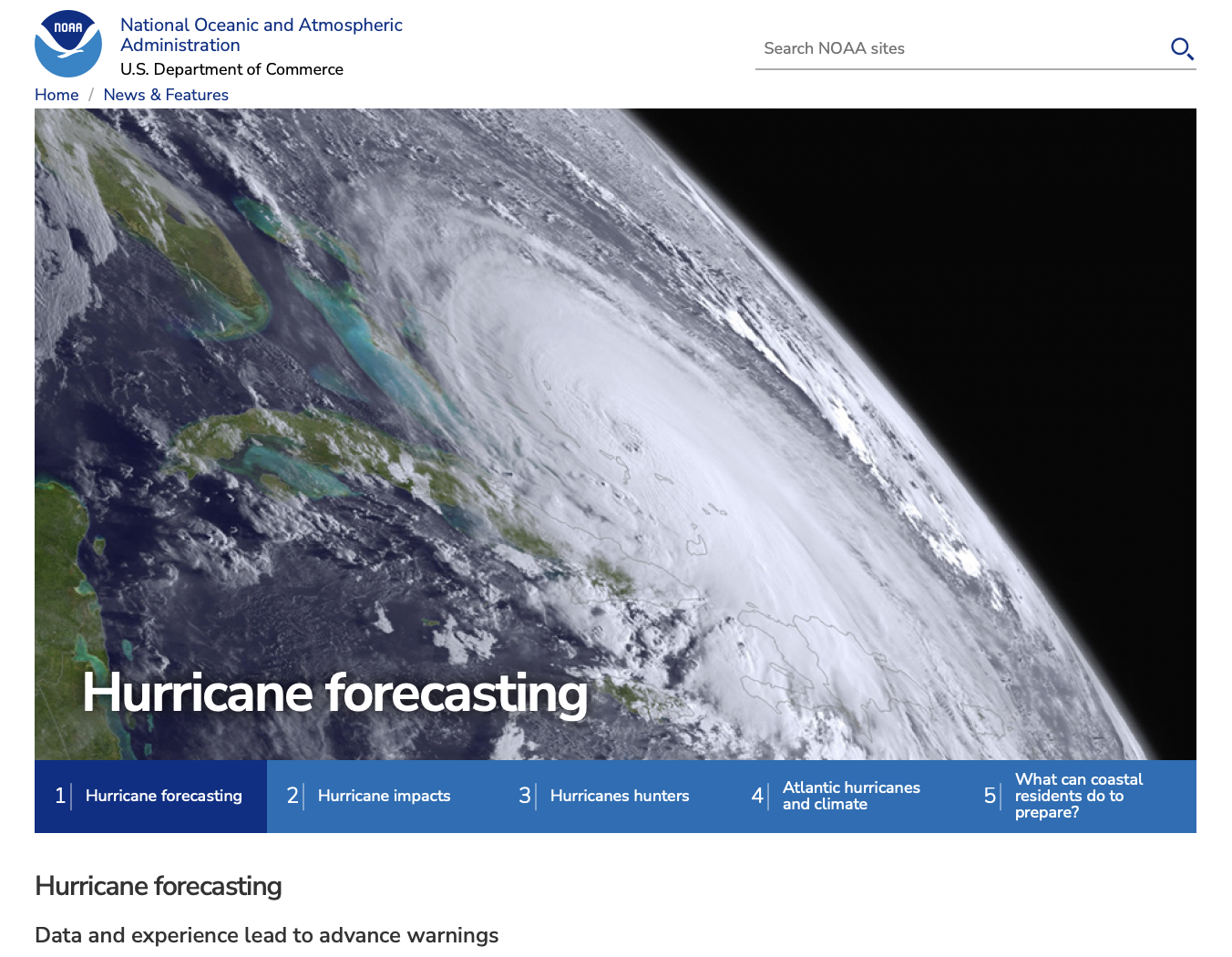 The front page of a report on hurricane forecasting put out by NOAA