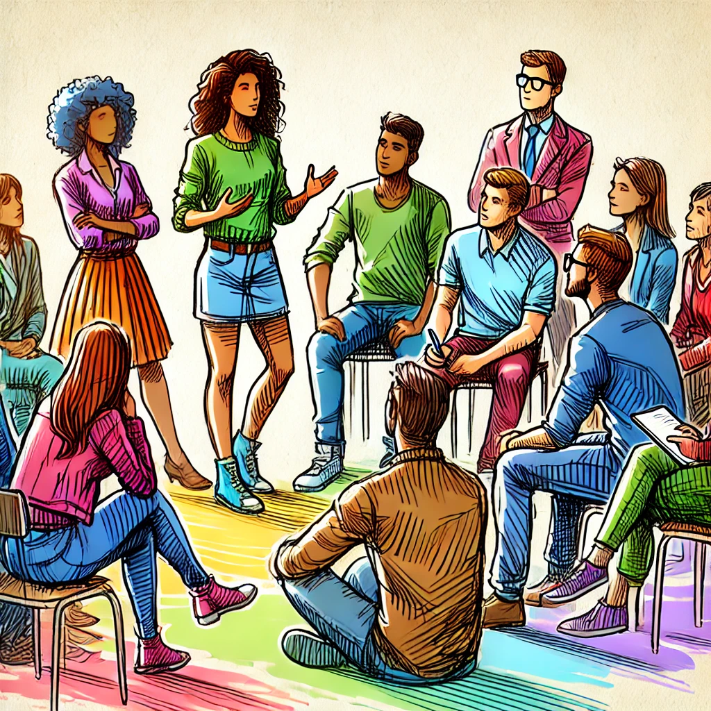 A group of people chatting.