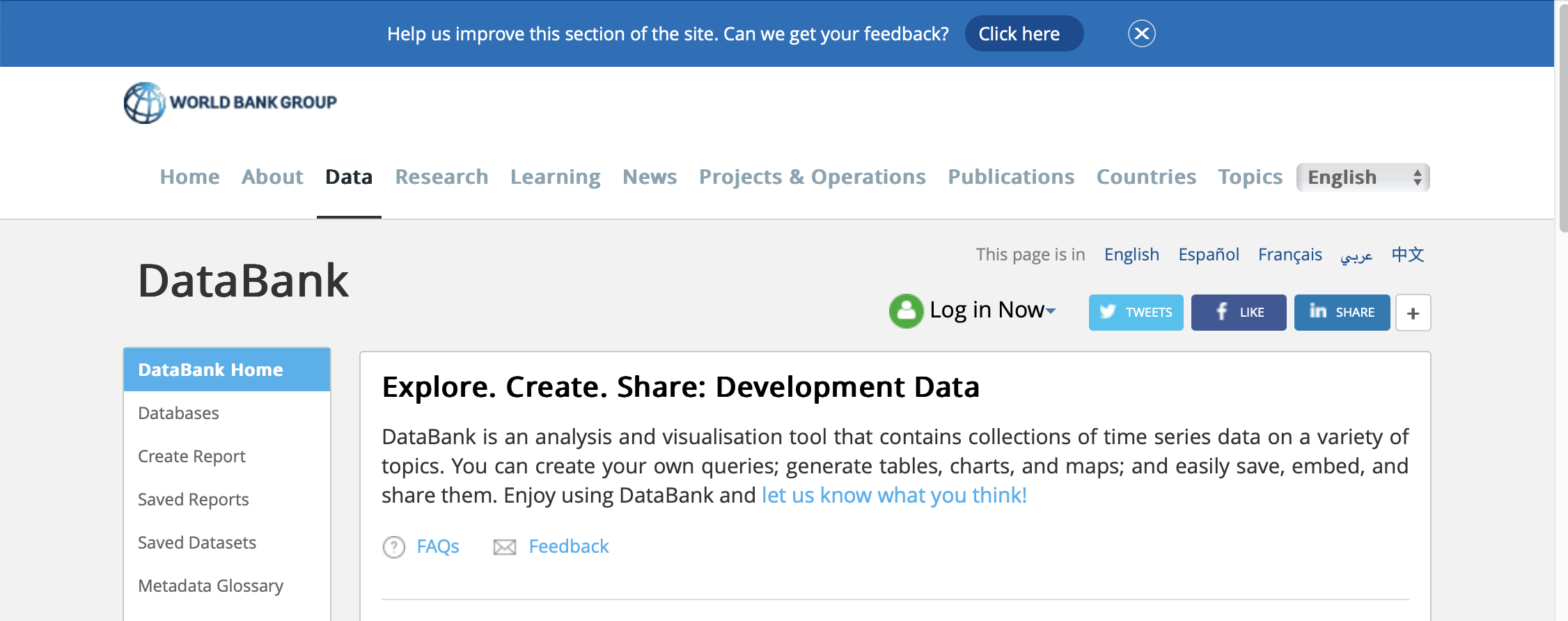 The homepage for the World Bank DataBank