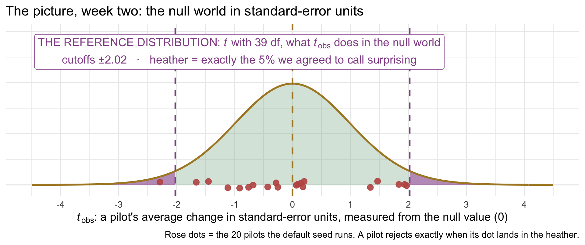 On an axis of t_obs from minus 4.5 to plus 4.5: the t curve with 39 degrees of freedom, centered on zero, shaded green between dashed heather cutoffs at minus and plus 2.02, with both tails beyond the cutoffs shaded heather; the two heather tails hold exactly 5 percent of the curve. Twenty rose dots along the baseline mark the t_obs of the default seed's twenty null-world pilots; nineteen sit in the green and one sits in the heather tail, the one pilot whose p-value fell below .05.