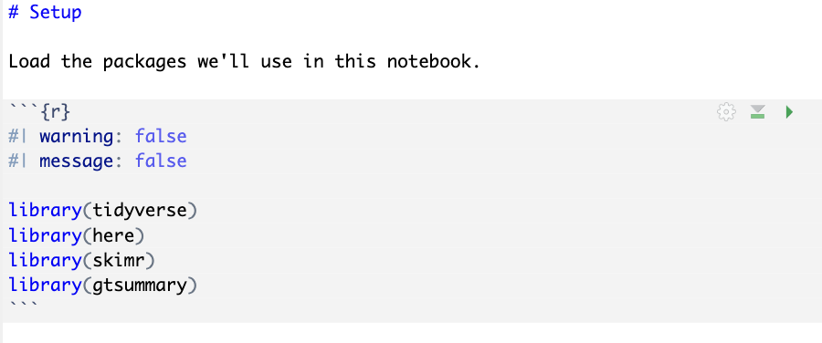 An image of an R code block that demonstrates the use of code block options.