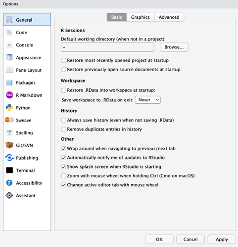 An image of the global options tab with the setup showing the recommended options (as described in the preceding instructions).
