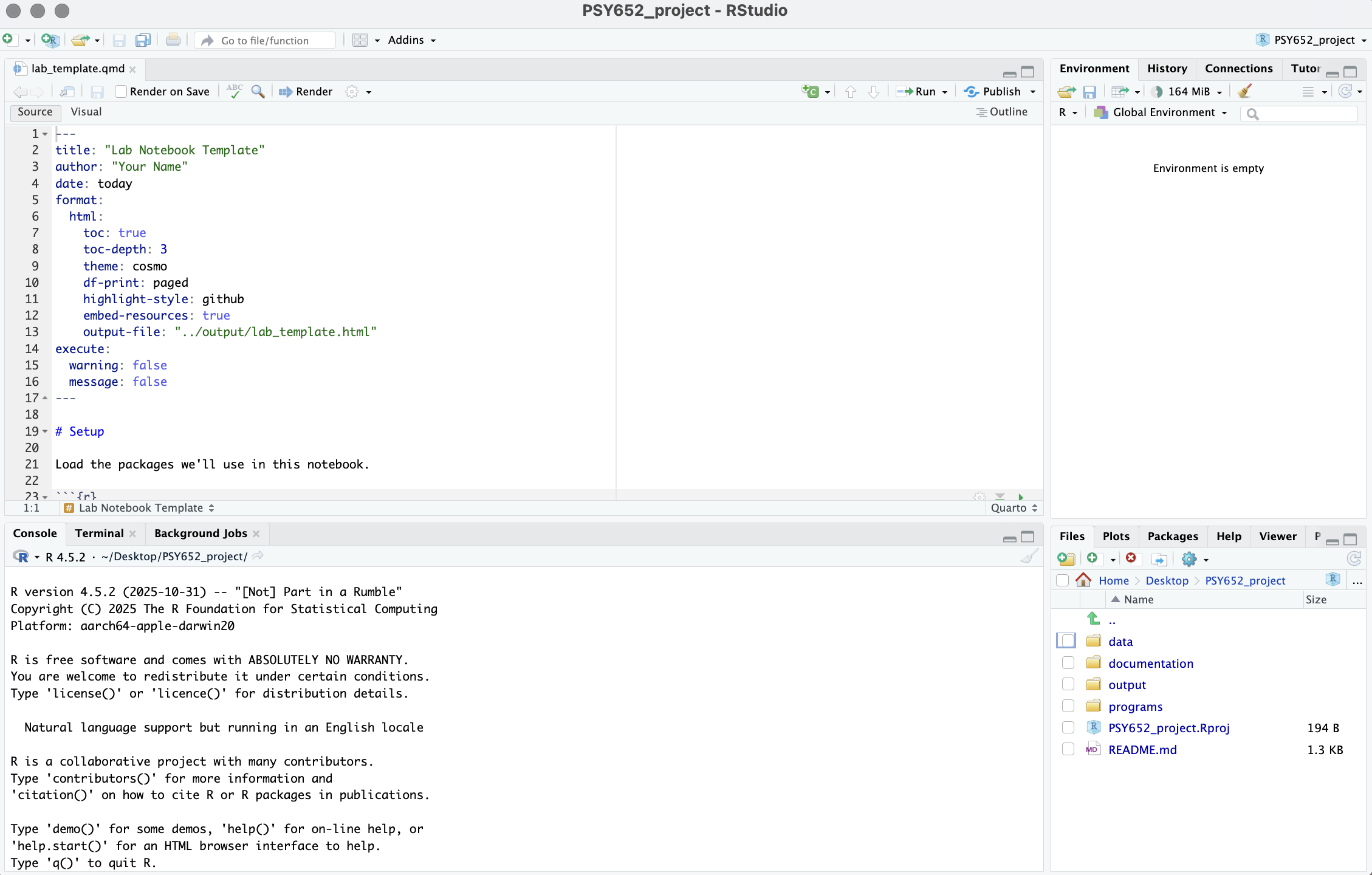 An RStudio window showing the Source pane (top-left), Console pane (bottom-left), Environment pane (top-right), and Files/Plots/Help/Packages pane (bottom-right), each labeled.