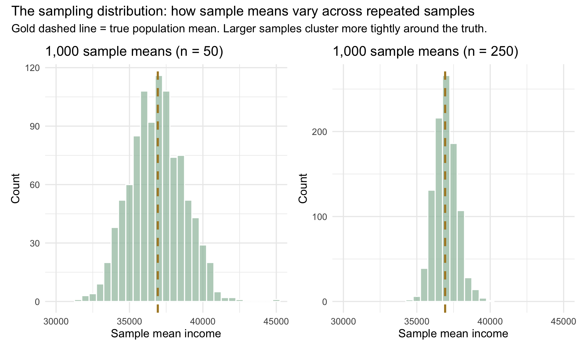 Two side-by-side histograms showing 1,000 sample means each. The left panel uses samples of size 50 and shows a wide spread of sample means; the right panel uses samples of size 250 and shows a much tighter clustering around the same center. Both distributions are centered on the true population mean, marked with a gold dashed vertical line.