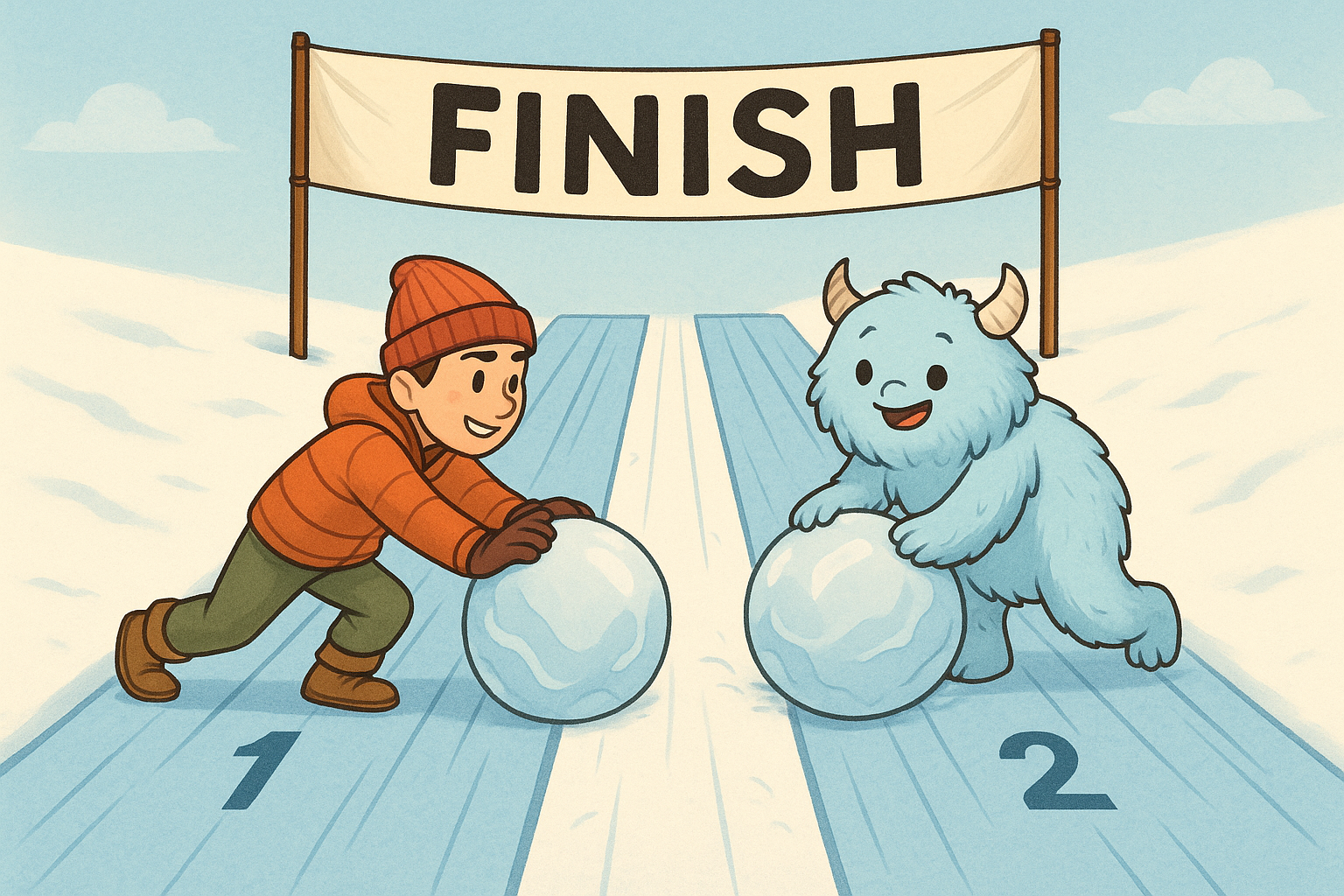 A playful image of a player and an ice monster named Blorg getting ready to play a game of sliding ice boulders