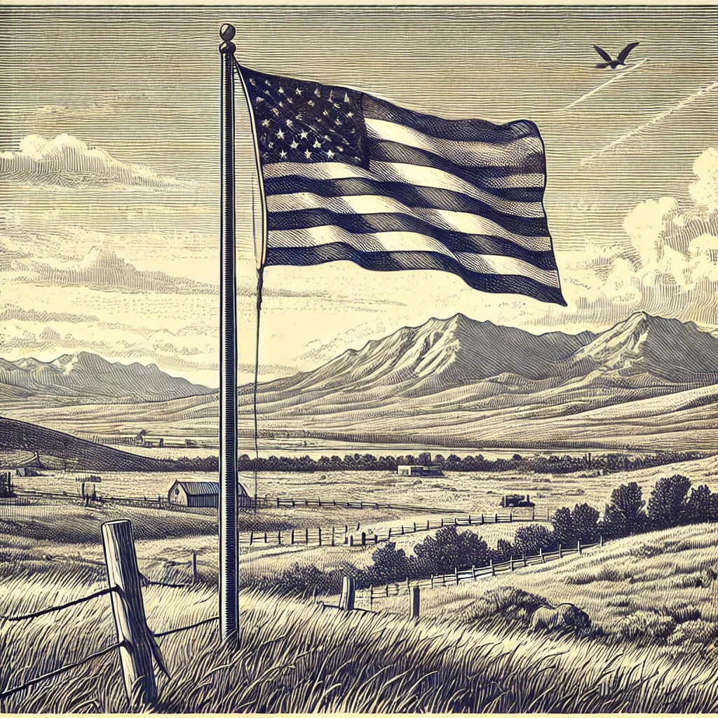 A US flag flying in the country side.