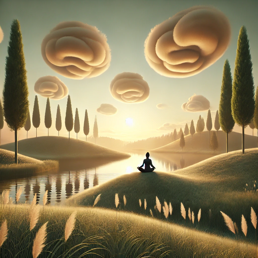 A relaxing meadow with a person meditating.
