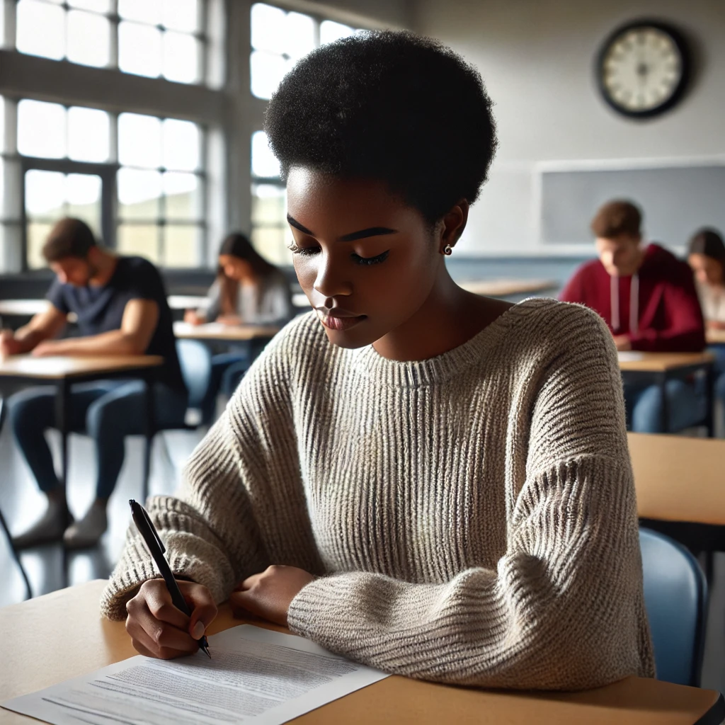 An image of students in a classroom taking an exam.