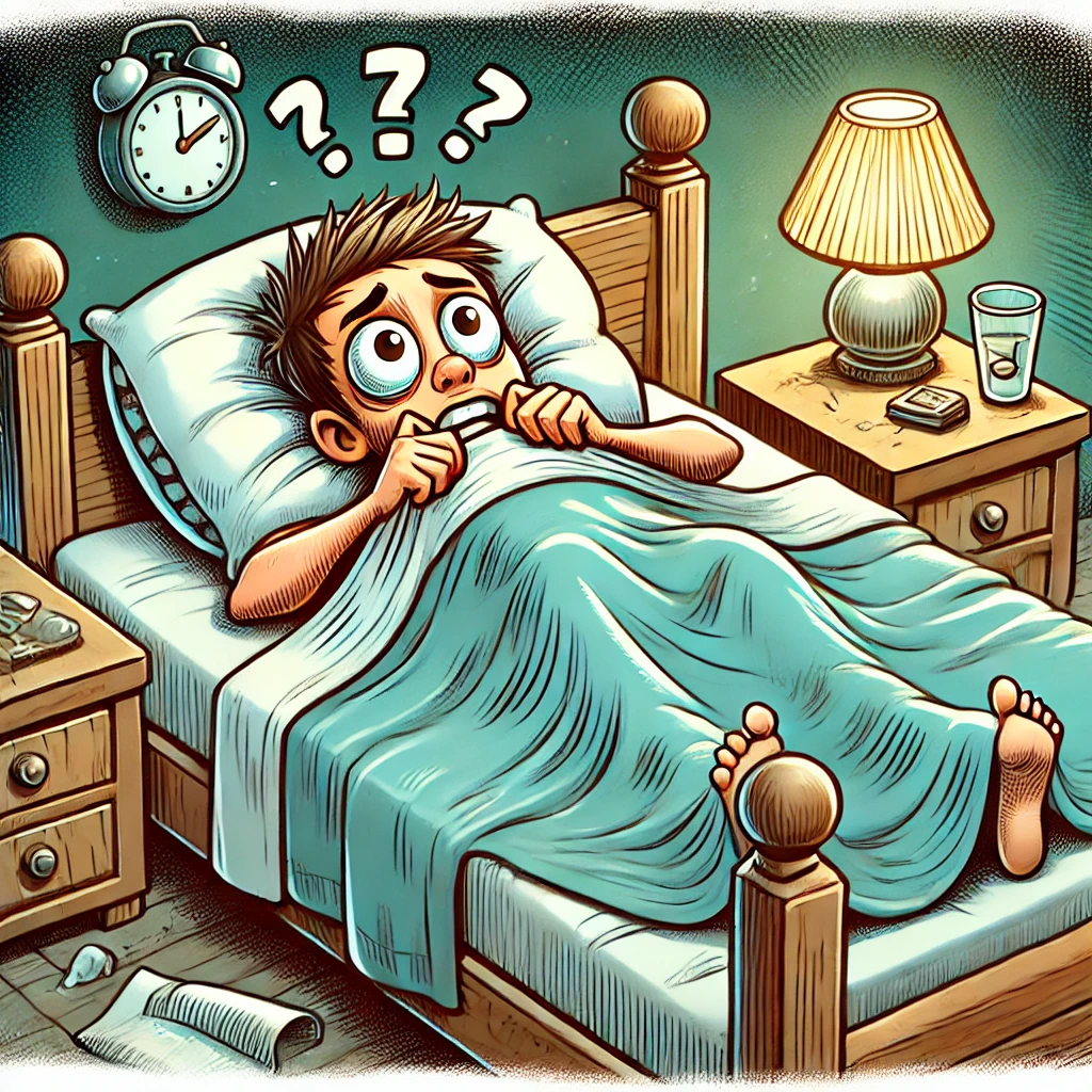 An image of a person in bed, unable to sleep.